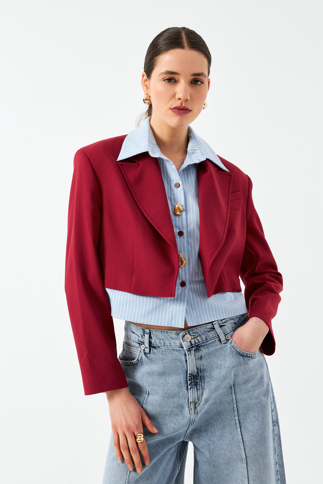 Düğmeli Kısa Blazer Ceket - Vişne