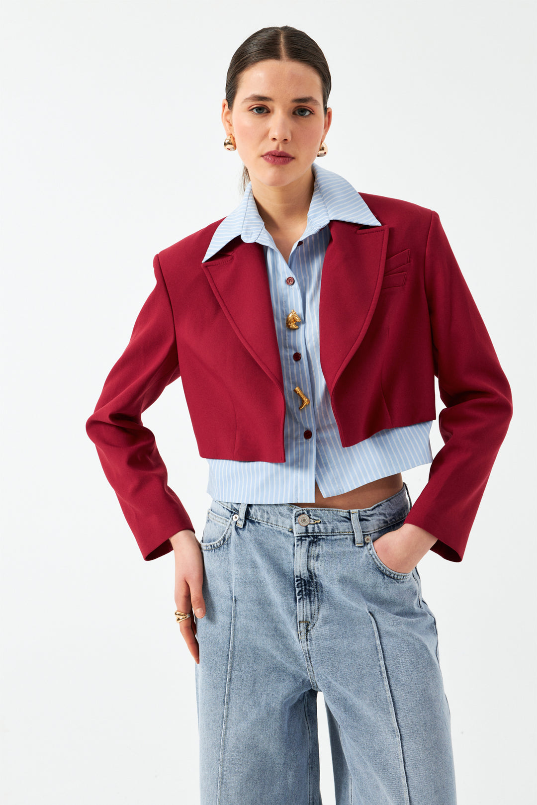 Düğmeli Kısa Blazer Ceket - Vişne