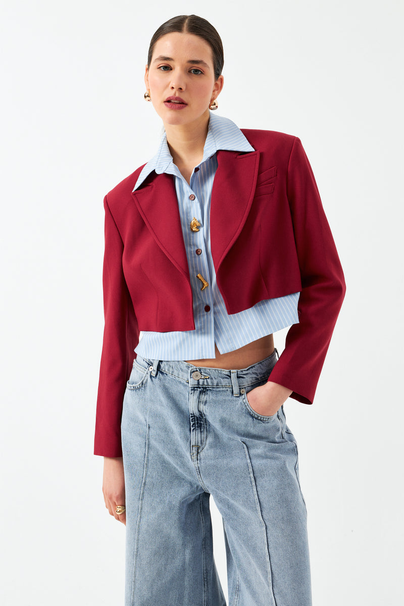 Düğmeli Kısa Blazer Ceket - Vişne