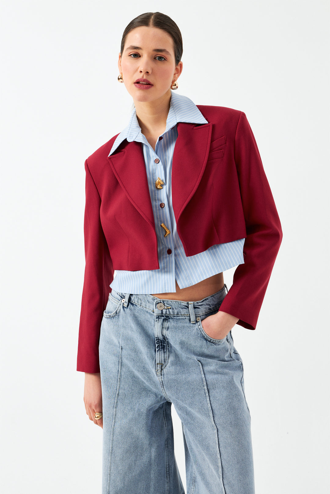 Düğmeli Kısa Blazer Ceket - Vişne