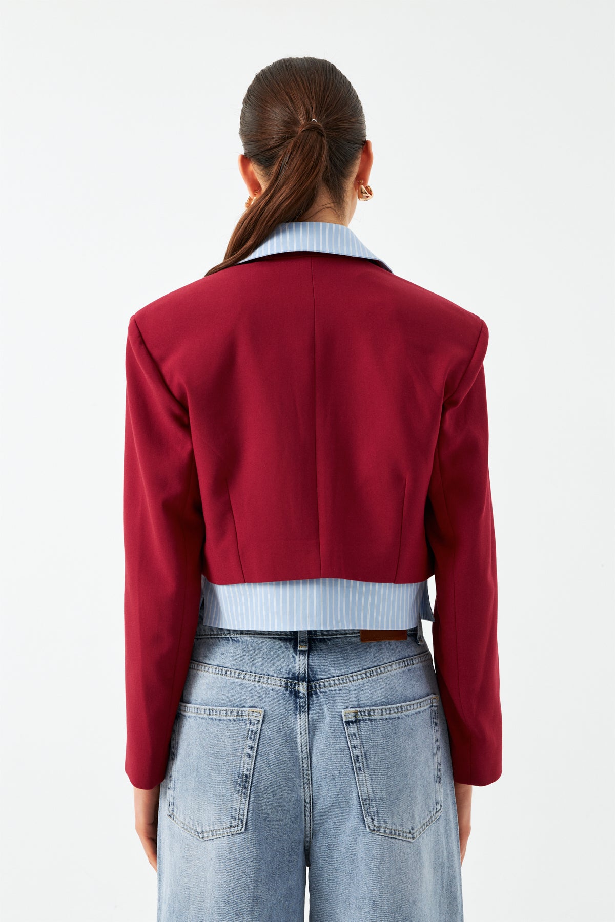 Düğmeli Kısa Blazer Ceket - Vişne
