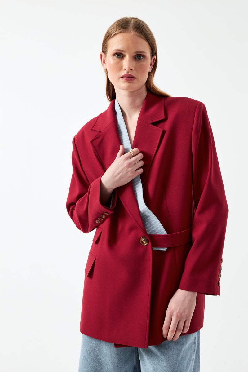 Vişne Kravat Detaylı Blazer Ceket