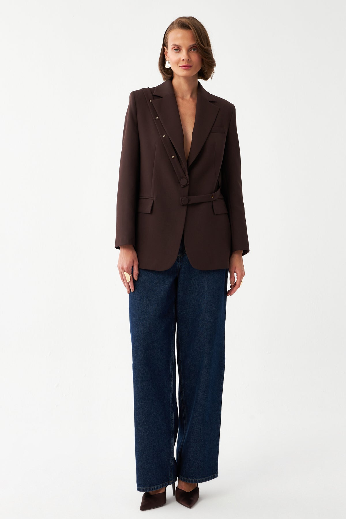 Düğme Detaylı Kahverengi Blazer Ceket