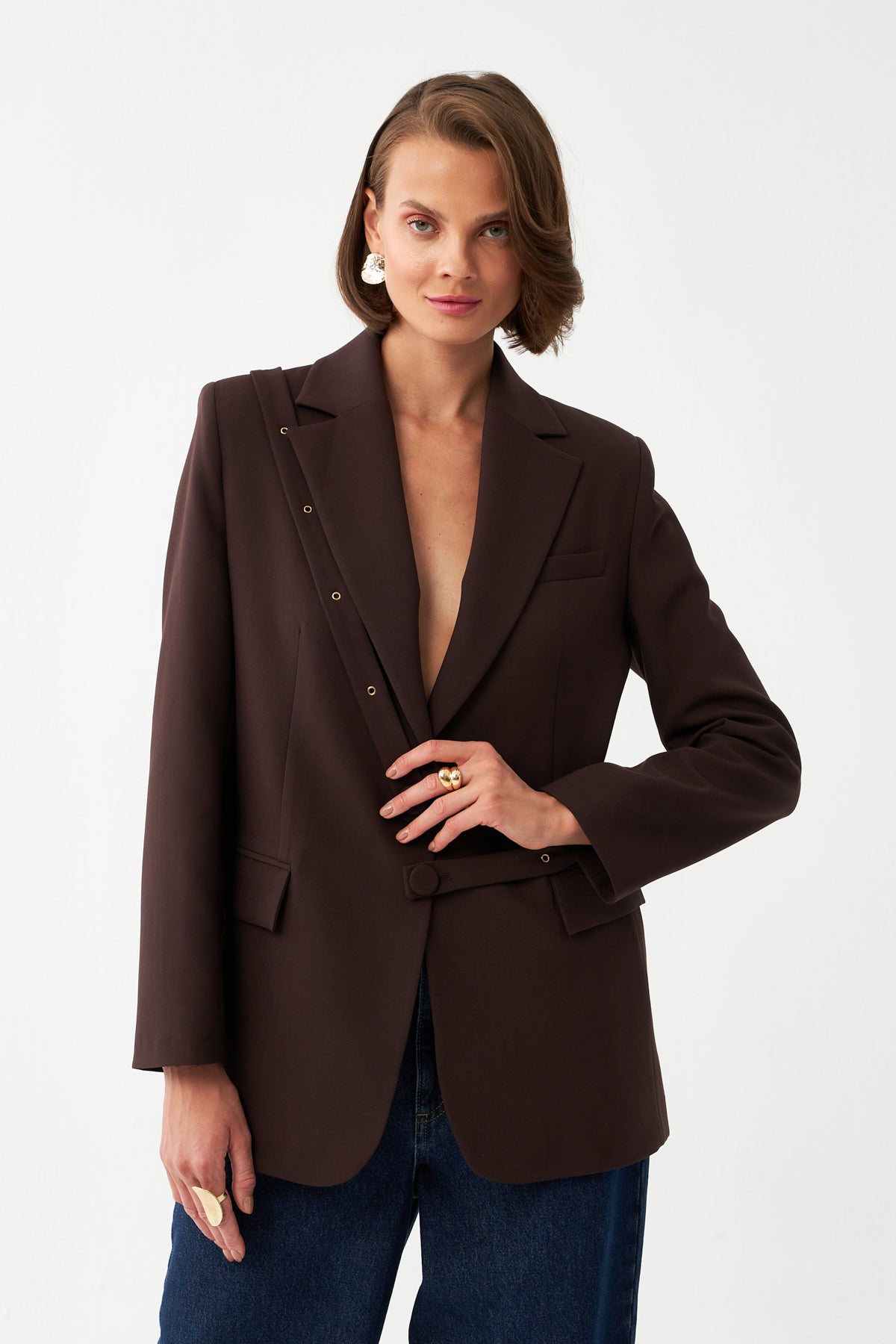 Düğme Detaylı Kahverengi Blazer Ceket