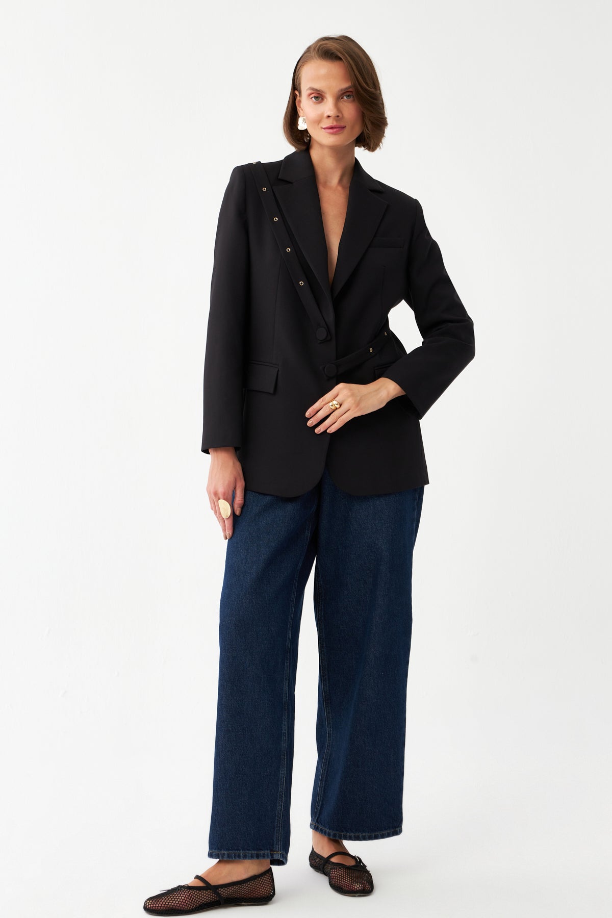 Asimetrik Bant Detaylı Blazer Ceket Oversize Ceket SİYAH