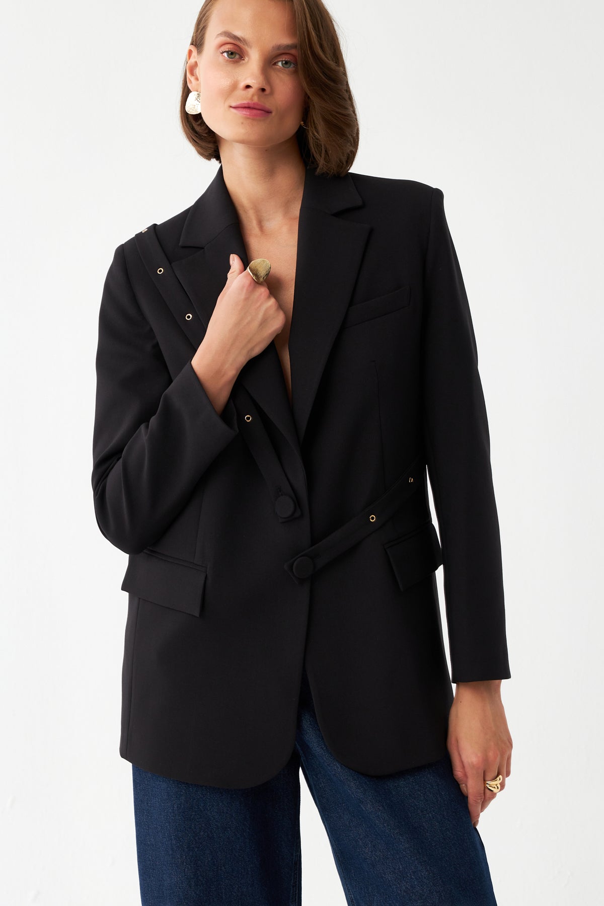 Düğme Detaylı Siyah Blazer Ceket