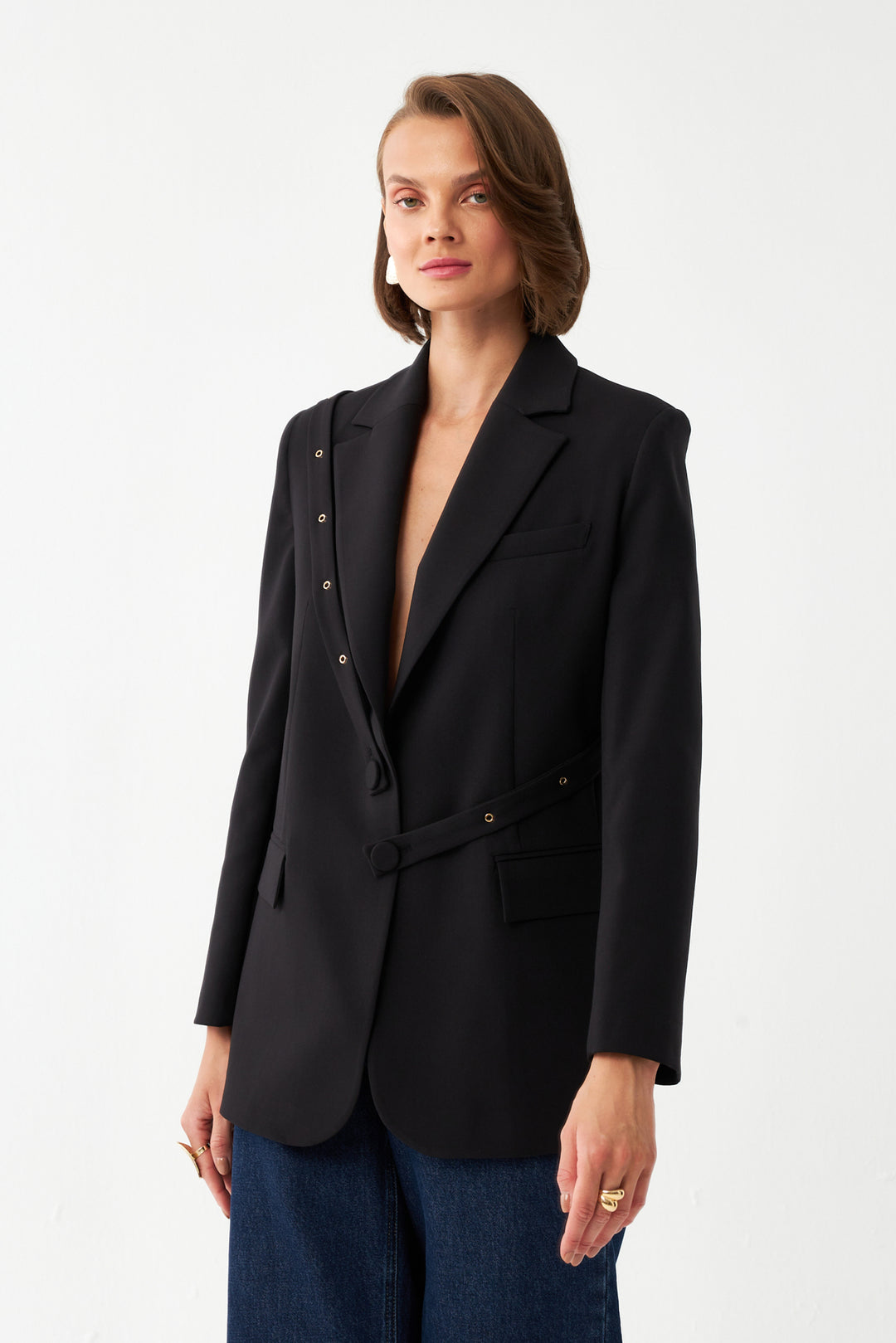 Düğme Detaylı Siyah Blazer Ceket