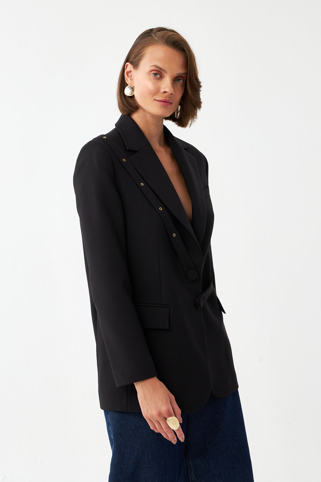 Düğme Detaylı Siyah Blazer Ceket