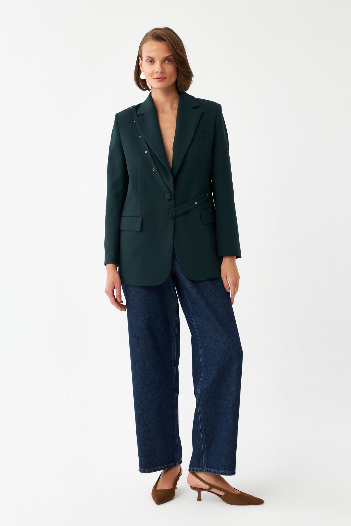 Asimetrik Bant Detaylı Blazer Ceket Oversize Ceket YEŞİL