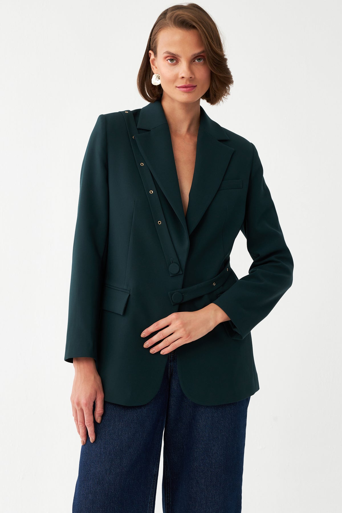Düğme Detaylı Yeşil Blazer Ceket