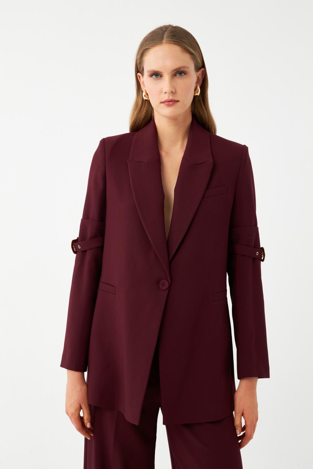 Bordo Gold Tokalı Kol Detaylı Kadın Blazer Ceket