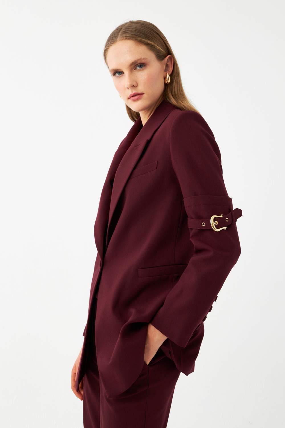 Bordo Gold Tokalı Kol Detaylı Kadın Blazer Ceket