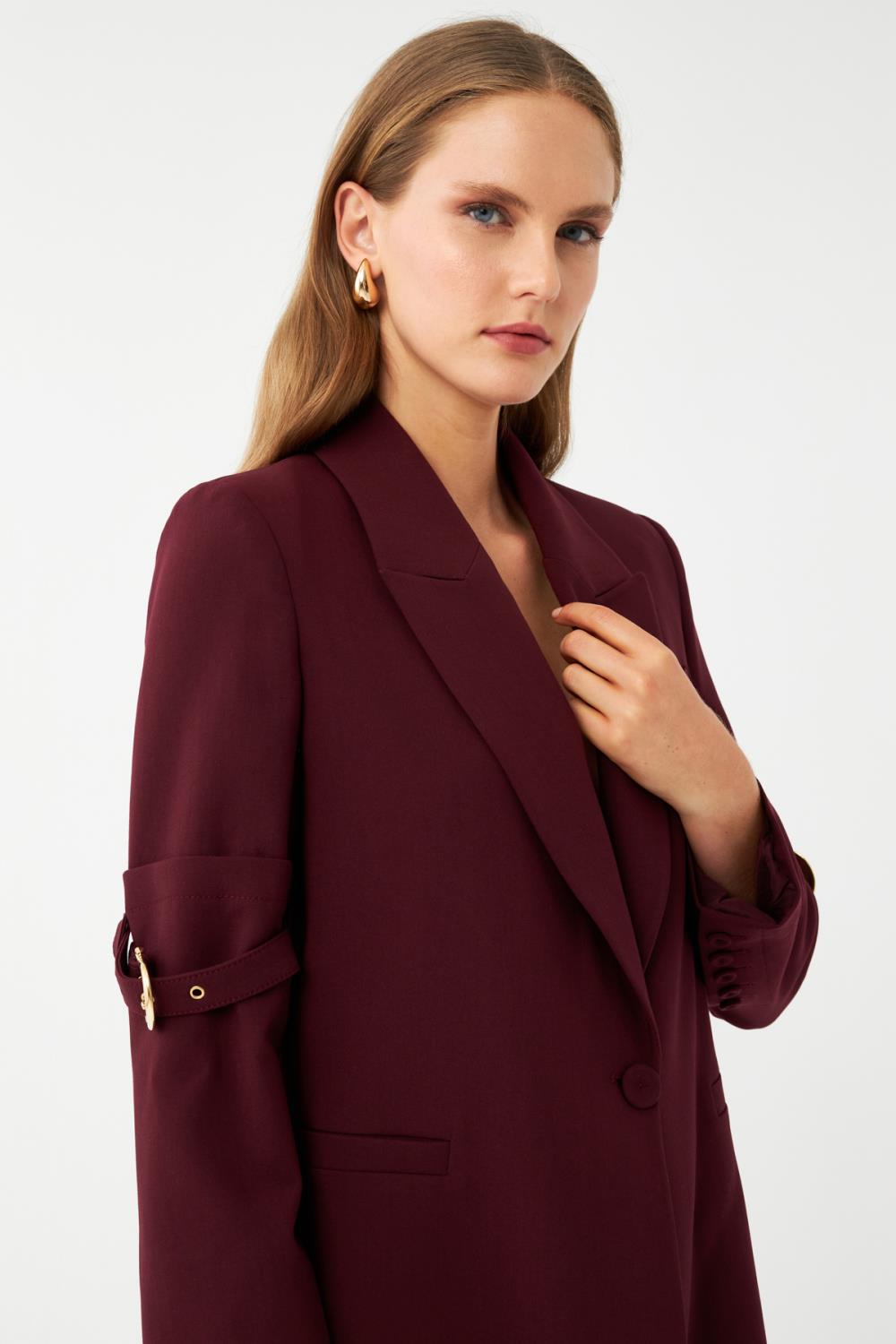 Bordo Gold Tokalı Kol Detaylı Kadın Blazer Ceket