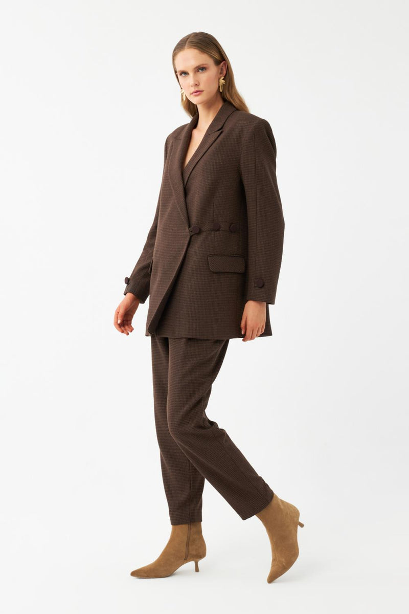 Kadın Kahverengi CeketKadın Kahverengi Mikro Desenli Oversize Blazer Ceket