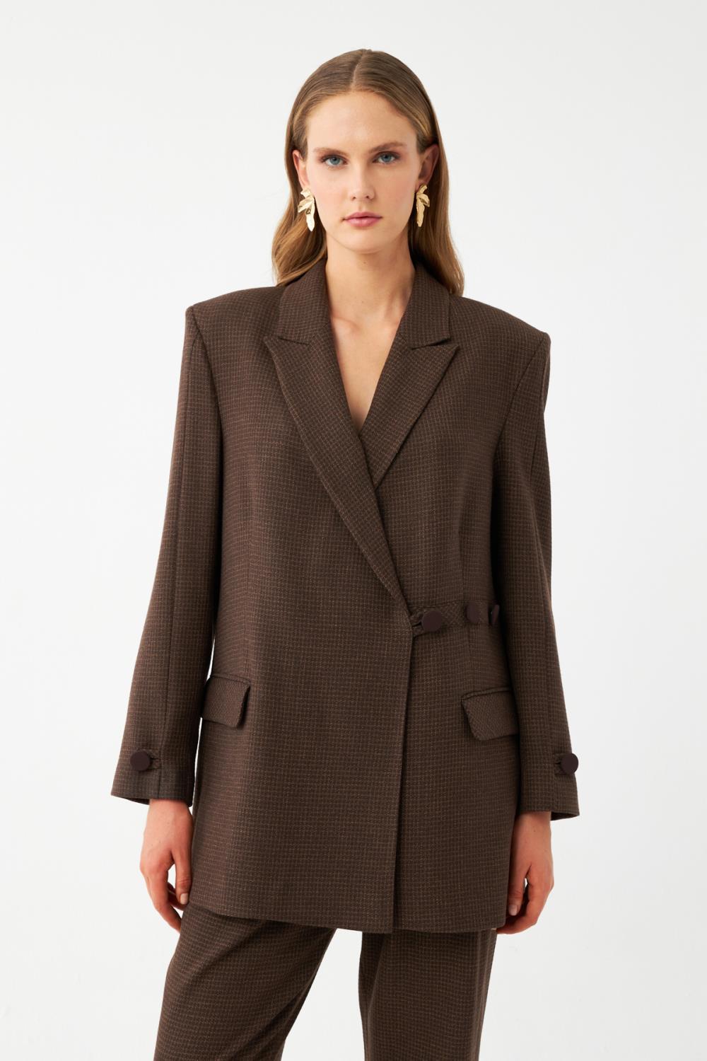 Kadın Kahverengi CeketKadın Kahverengi Mikro Desenli Oversize Blazer Ceket