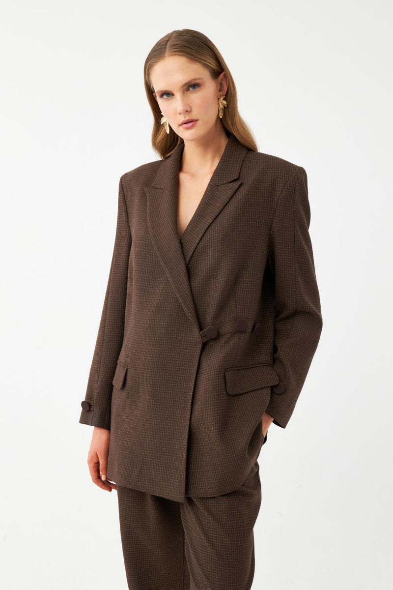 Kadın Kahverengi CeketKadın Kahverengi Mikro Desenli Oversize Blazer Ceket