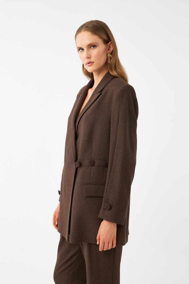Kadın Kahverengi CeketKadın Kahverengi Mikro Desenli Oversize Blazer Ceket