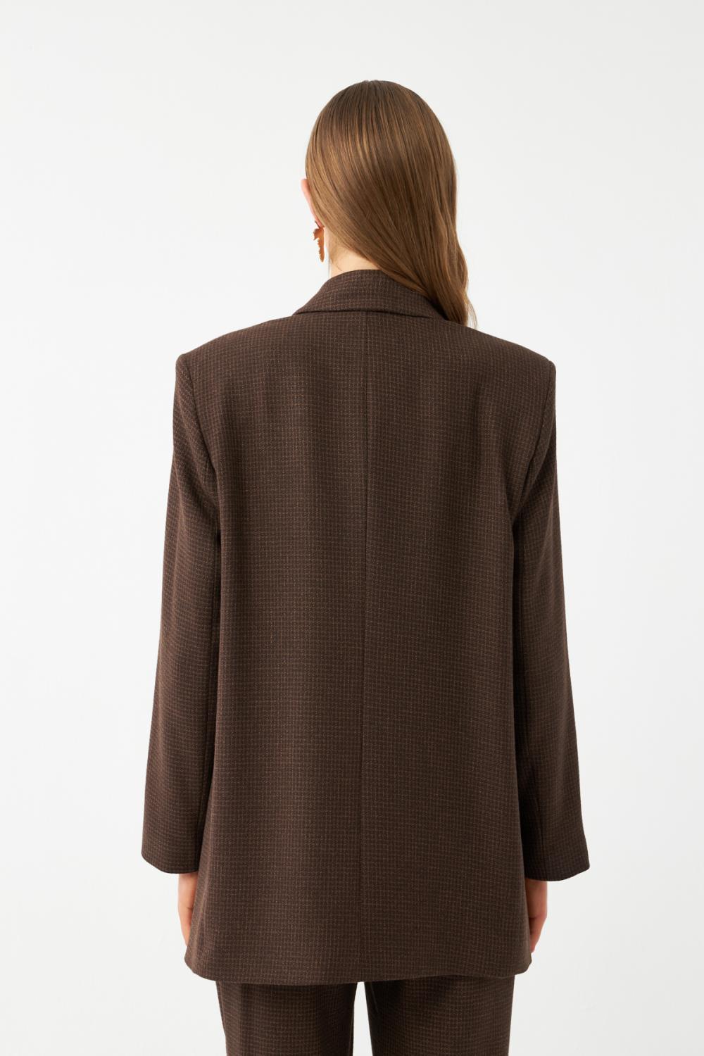 Kadın Kahverengi CeketKadın Kahverengi Mikro Desenli Oversize Blazer Ceket