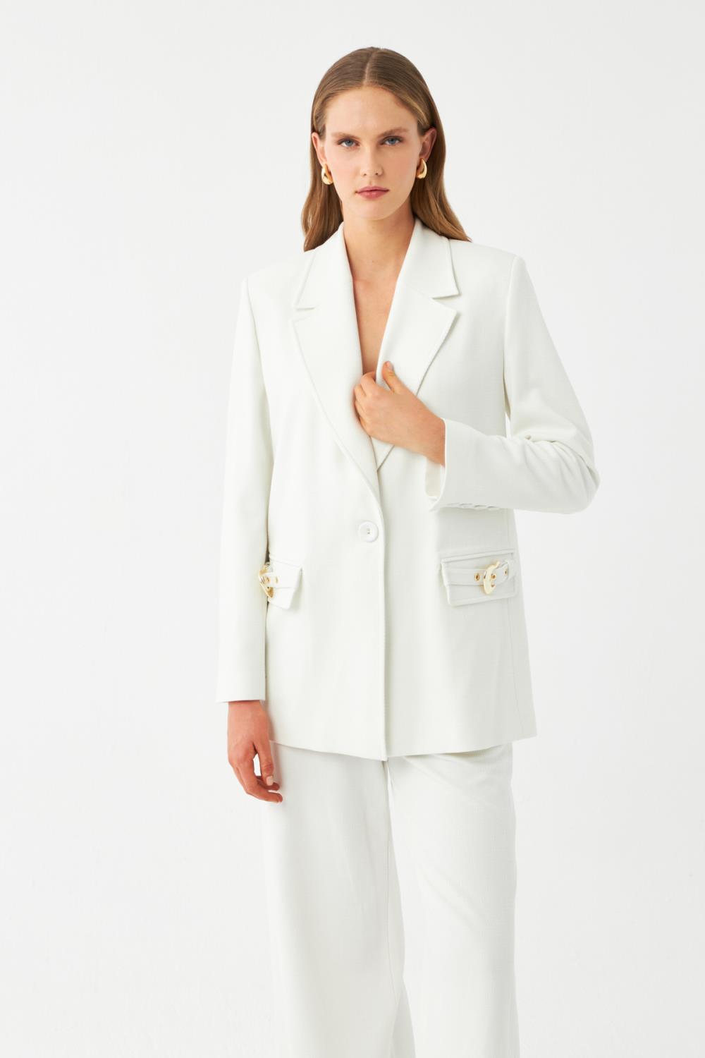 Ekru Tek Düğmeli Cepli Kadın Blazer Ceket