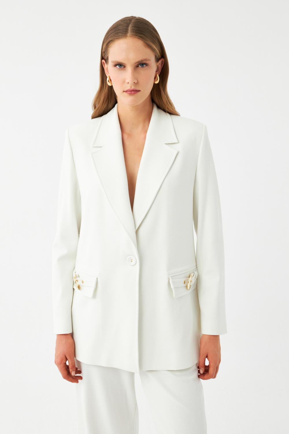 Ekru Tek Düğmeli Cepli Kadın Blazer Ceket