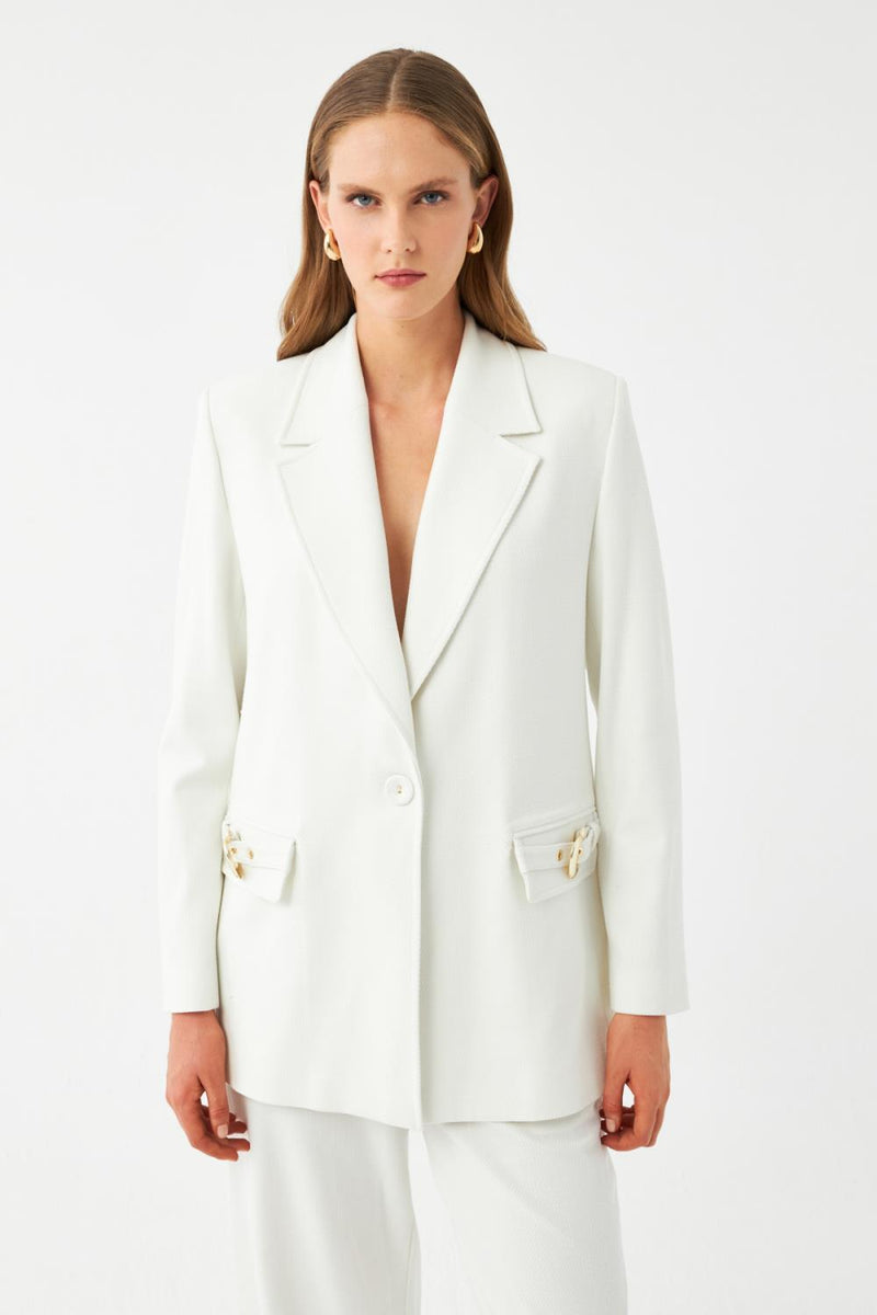 Ekru Tek Düğmeli Cepli Kadın Blazer Ceket