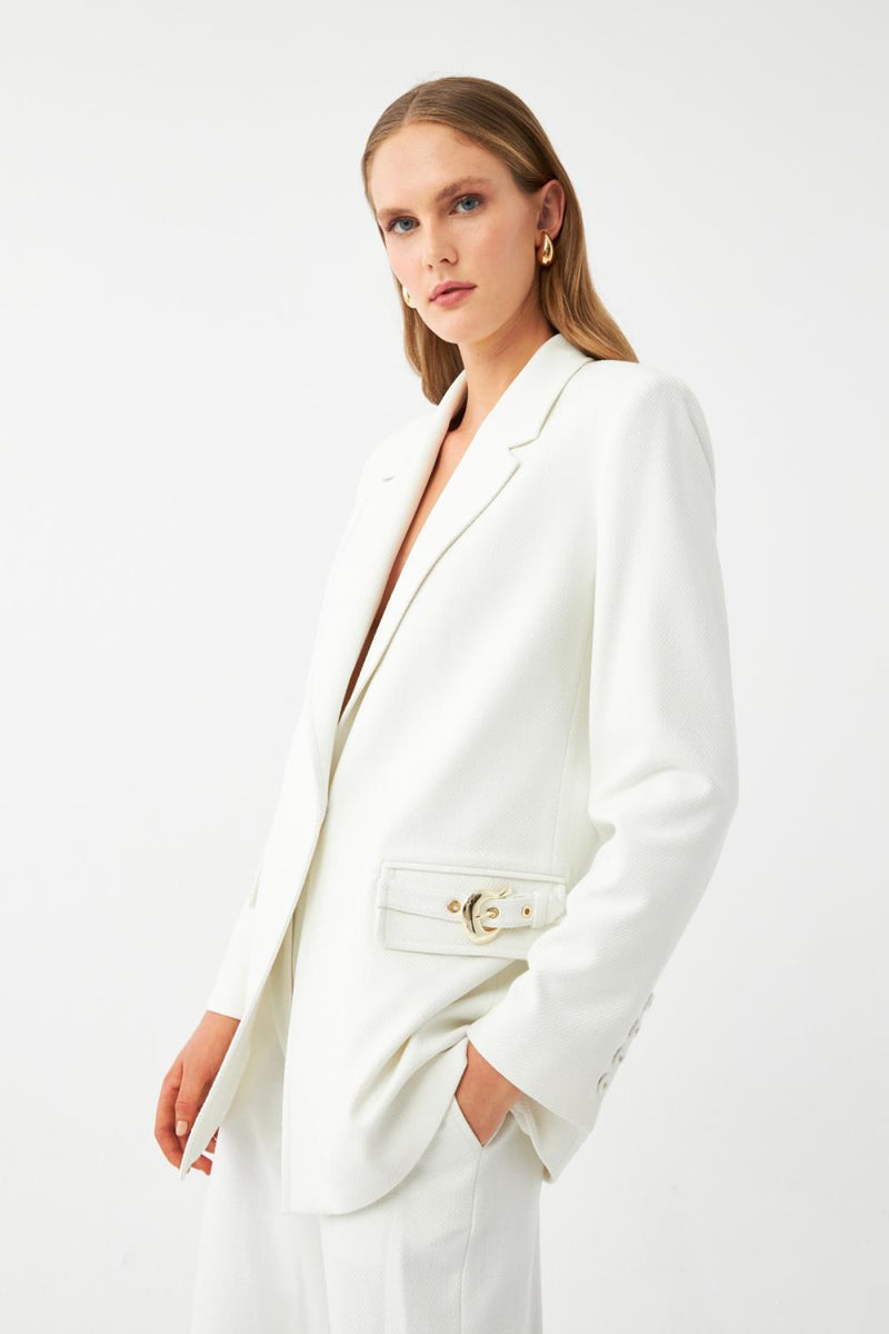 Ekru Tek Düğmeli Cepli Kadın Blazer Ceket