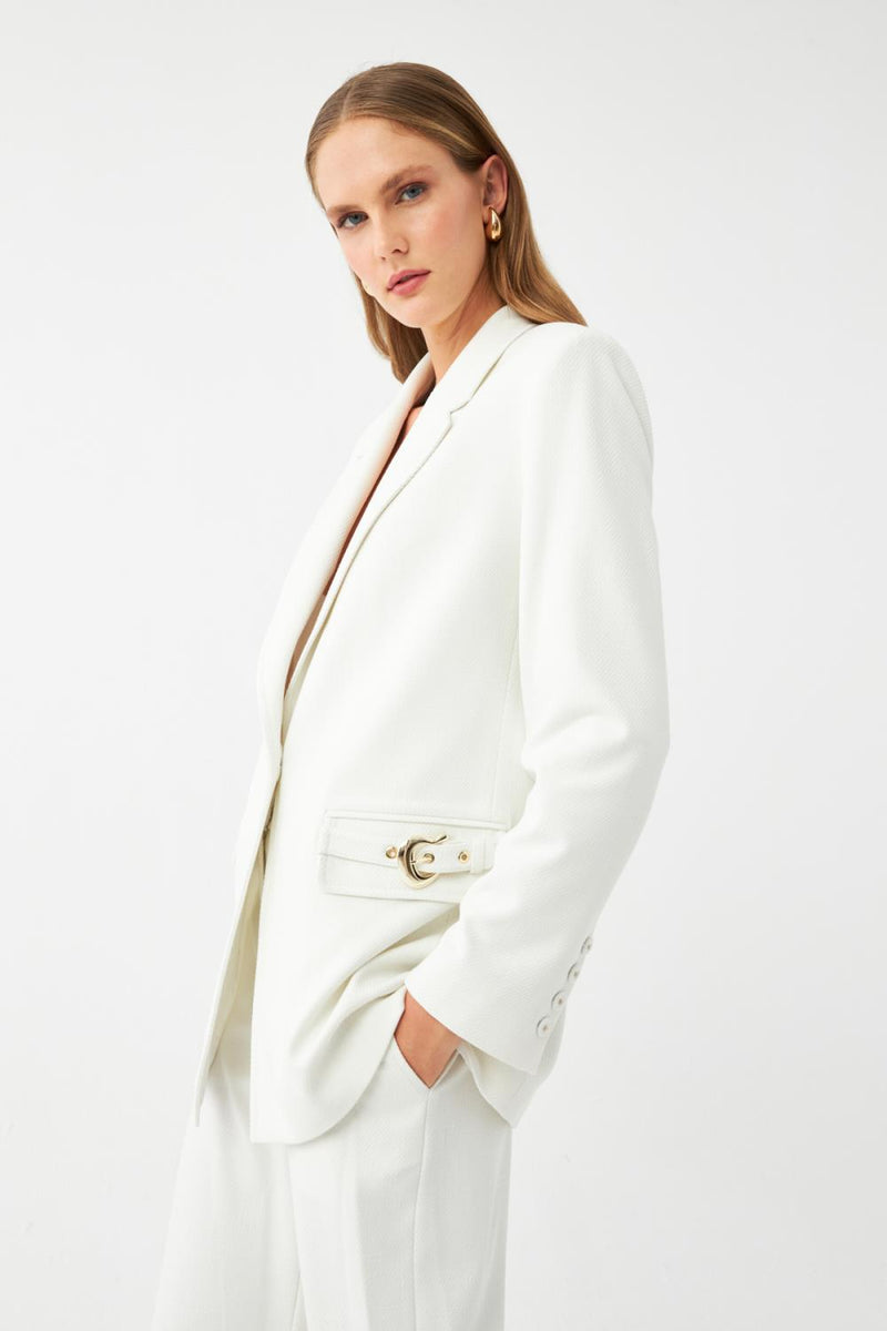 Ekru Tek Düğmeli Cepli Kadın Blazer Ceket