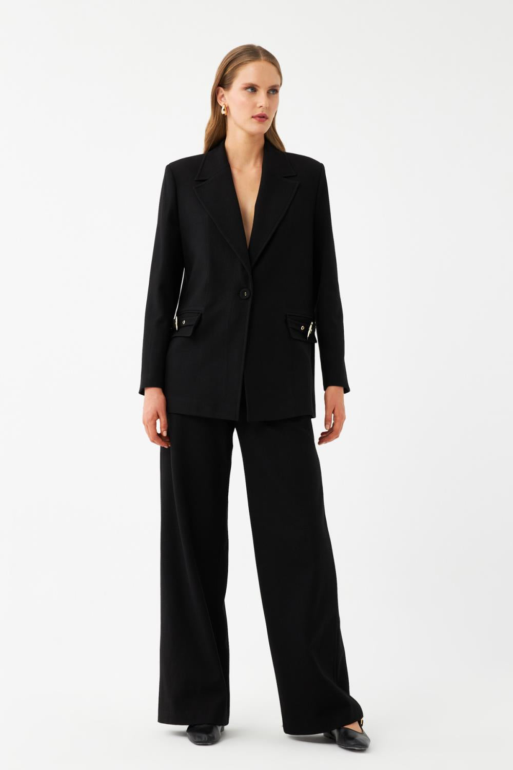 Siyah Tek Düğmeli Cepli Kadın Blazer Ceket