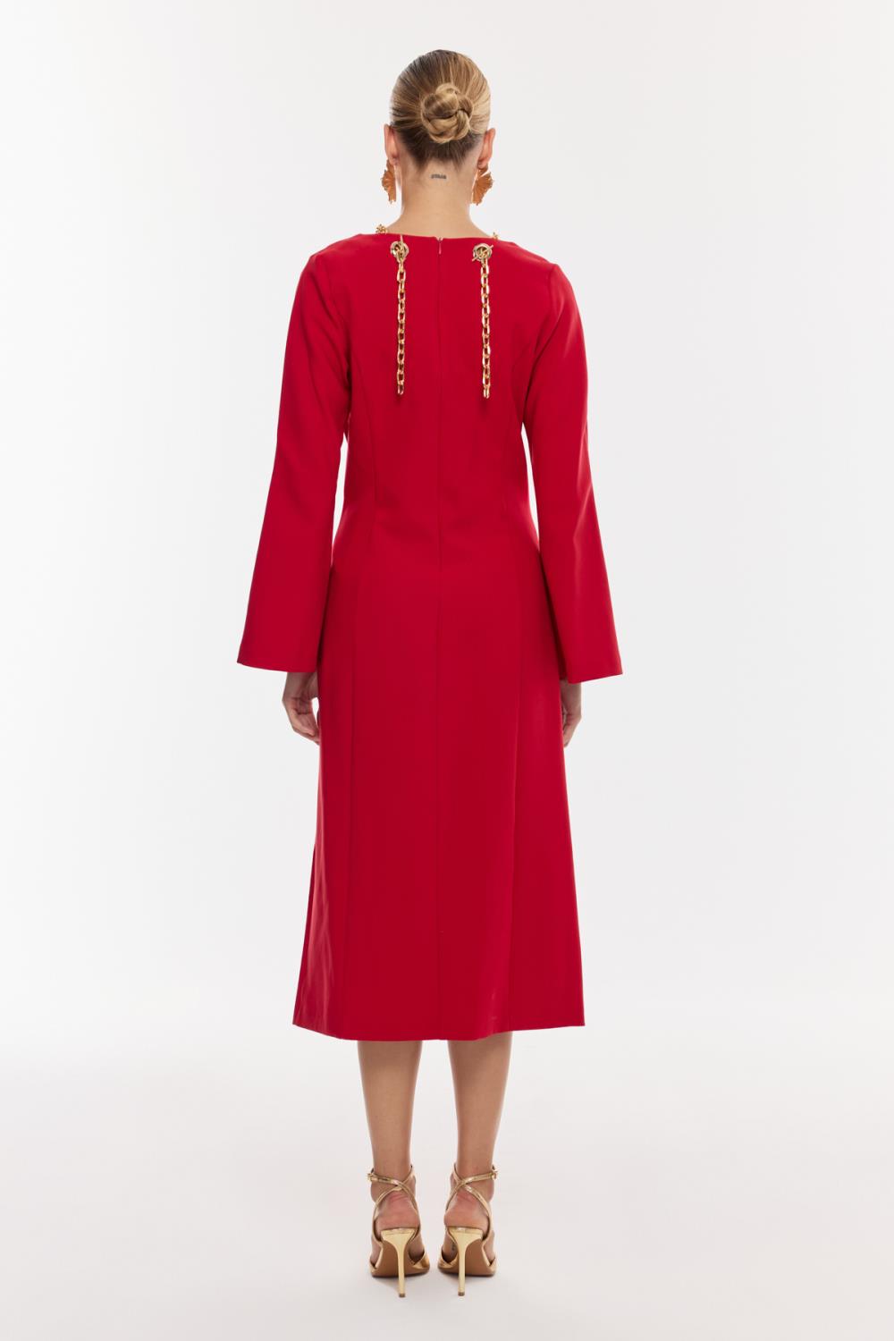 Zincir Detaylı Yırtmaçlı Midi Elbise