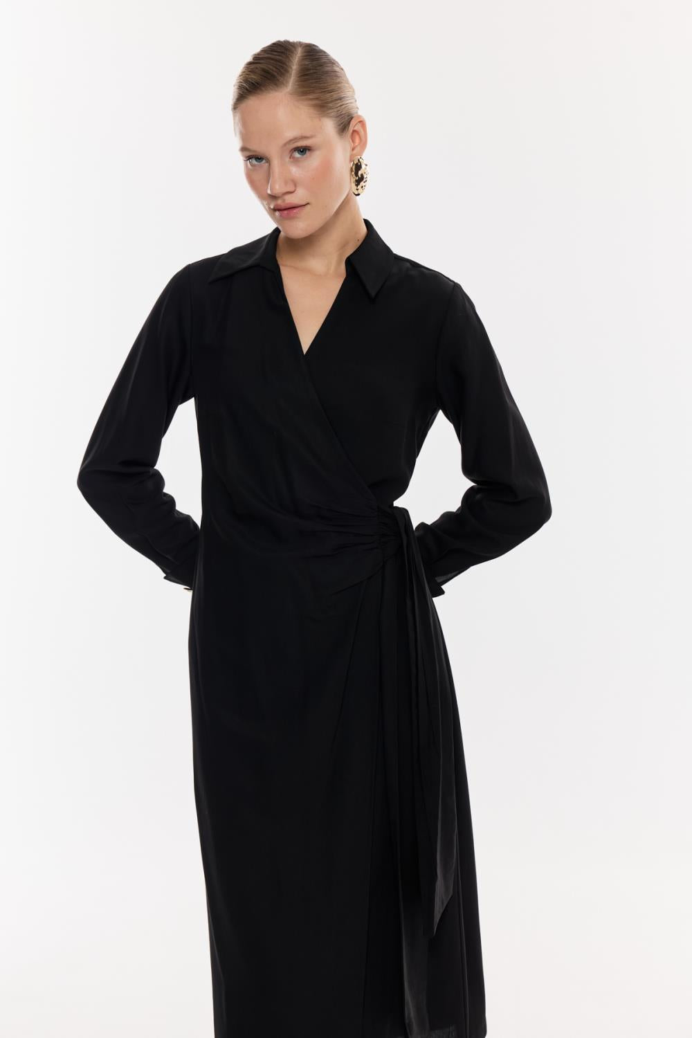 Kruvaze Kuşaklı Midi Elbise