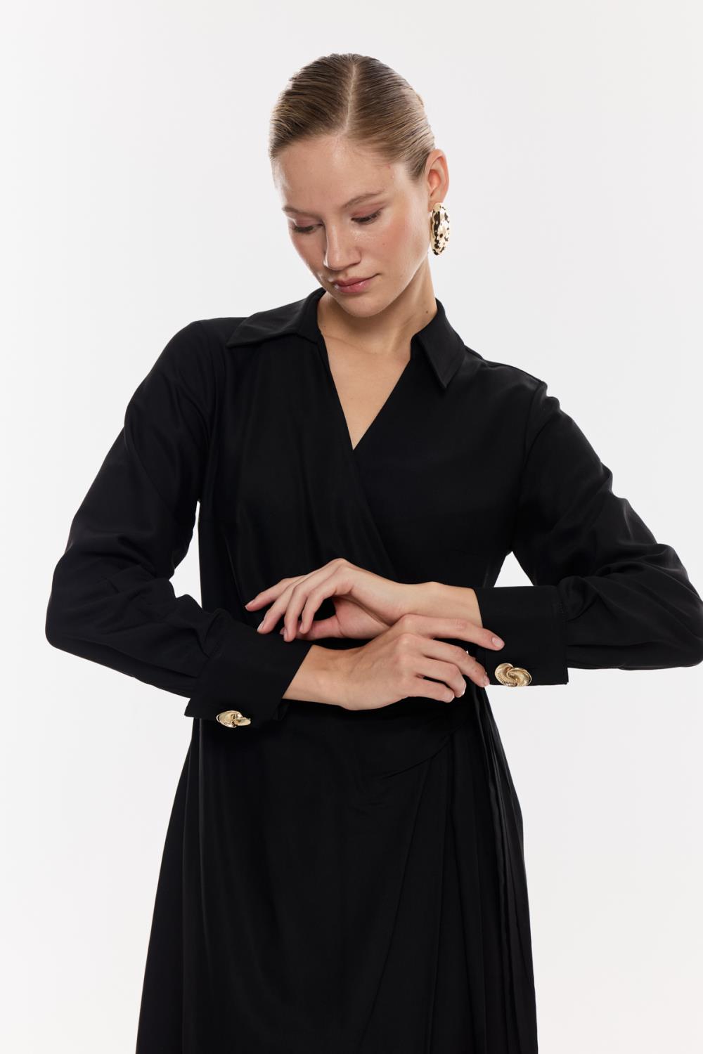 Kruvaze Kuşaklı Midi Elbise