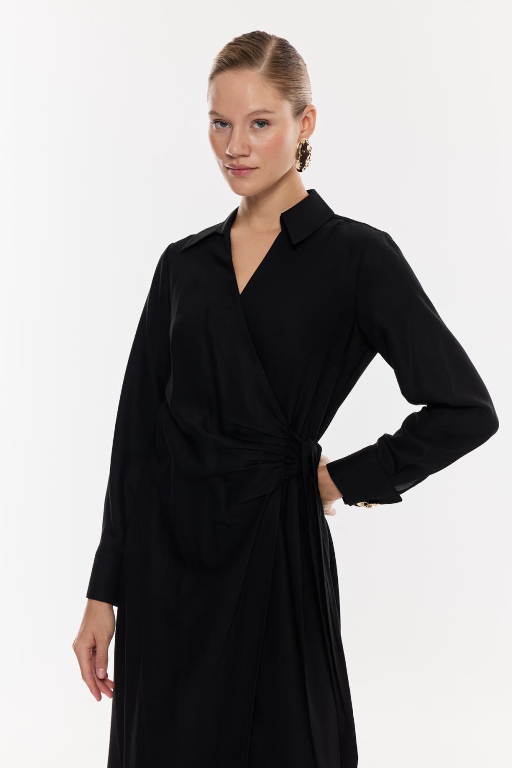 Kruvaze Kuşaklı Midi Elbise