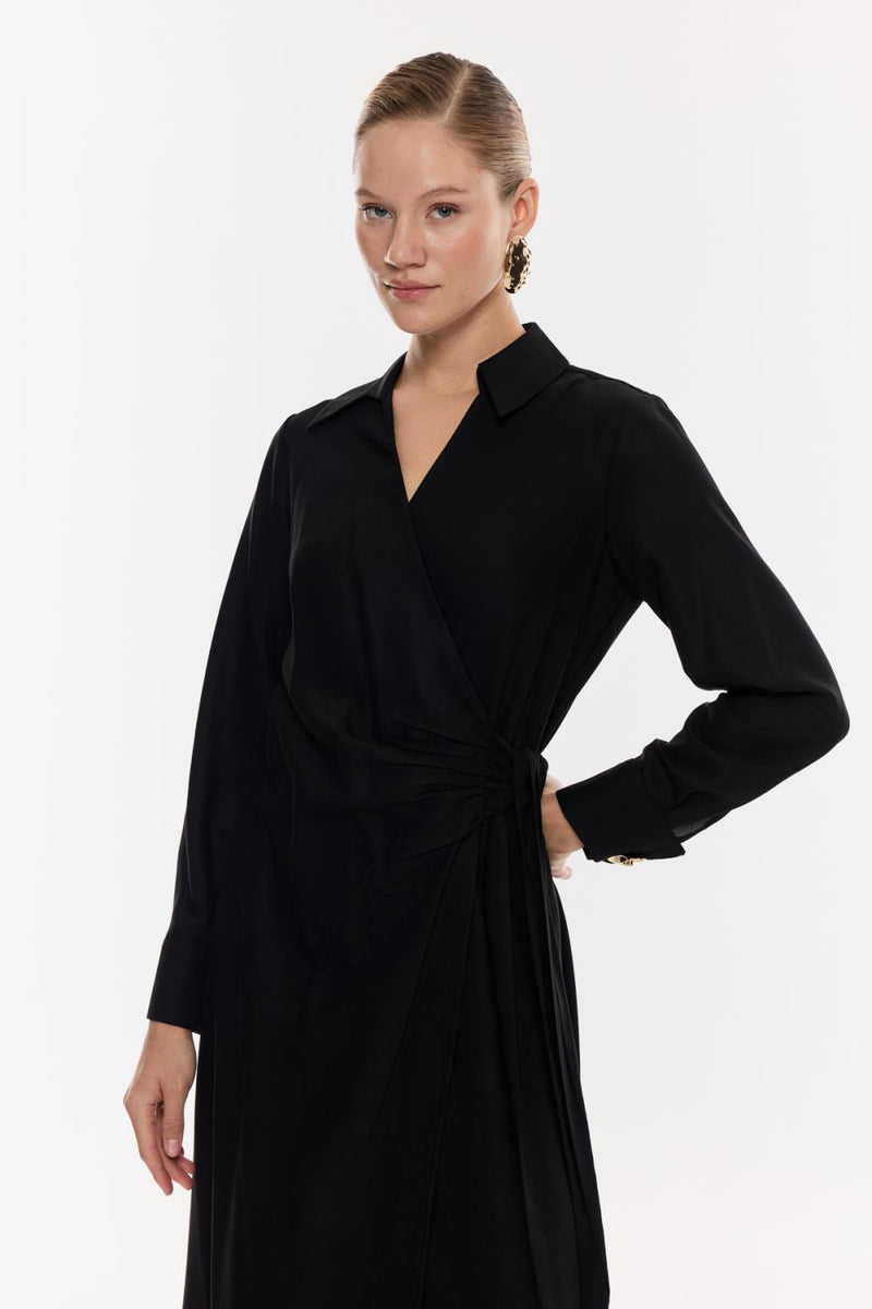 Kruvaze Kuşaklı Midi Elbise