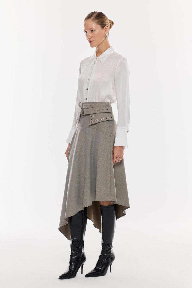 Kemer Detaylı Asimetrik Midi Etek