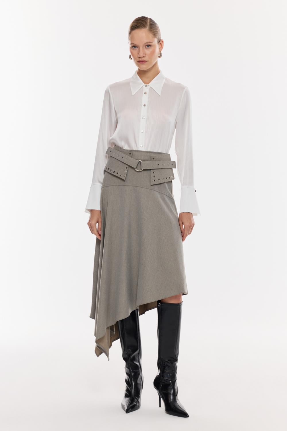 Kemer Detaylı Asimetrik Midi Etek