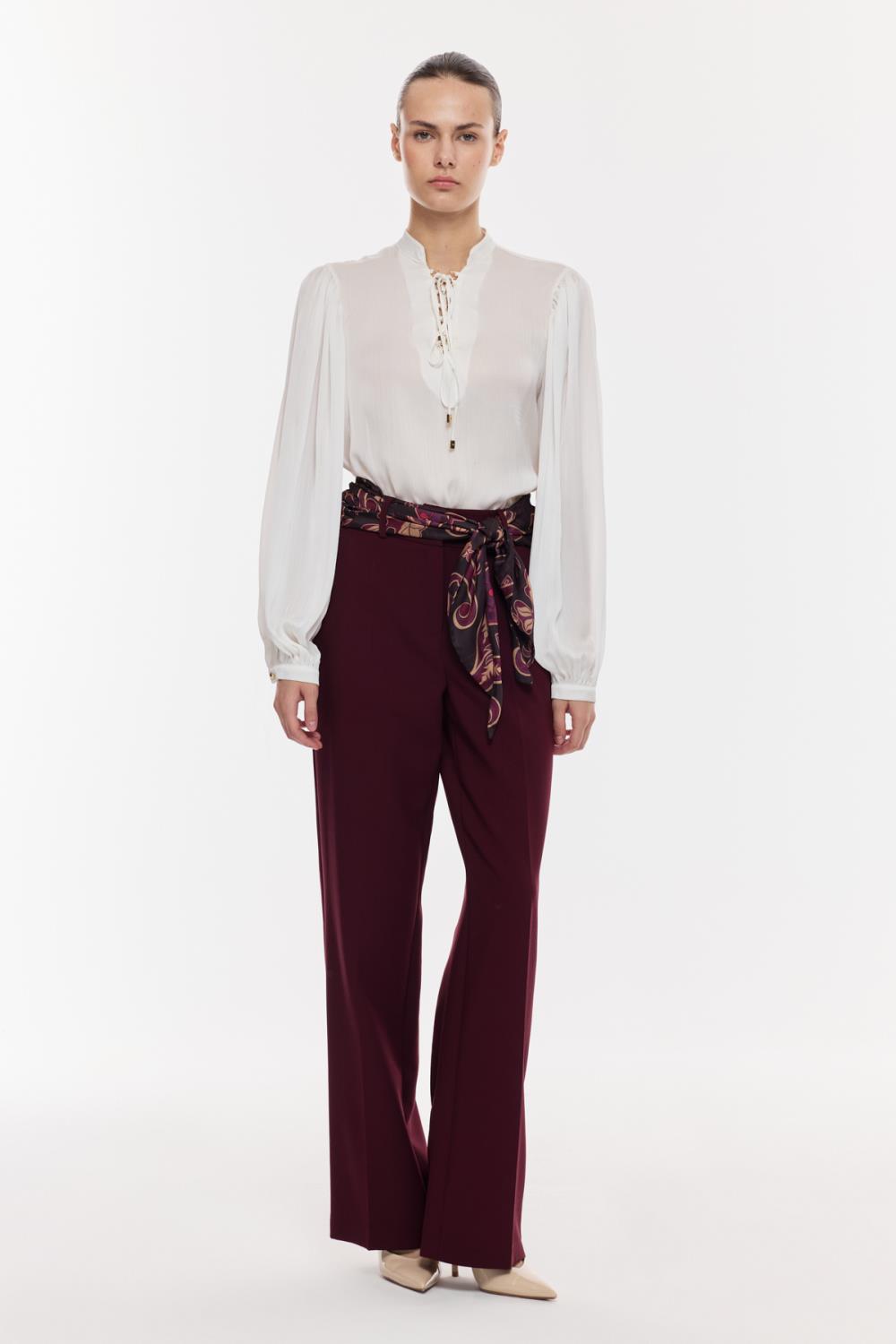 Kuşak Detaylı Dökümlü Pantolon BORDO