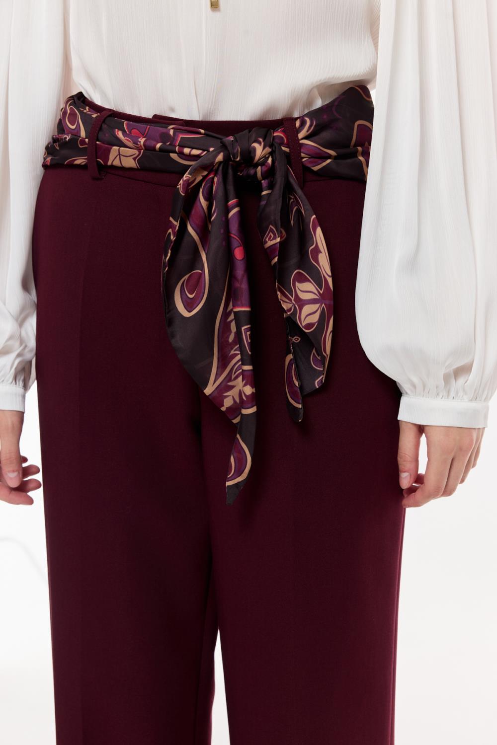 Kuşak Detaylı Dökümlü Pantolon BORDO
