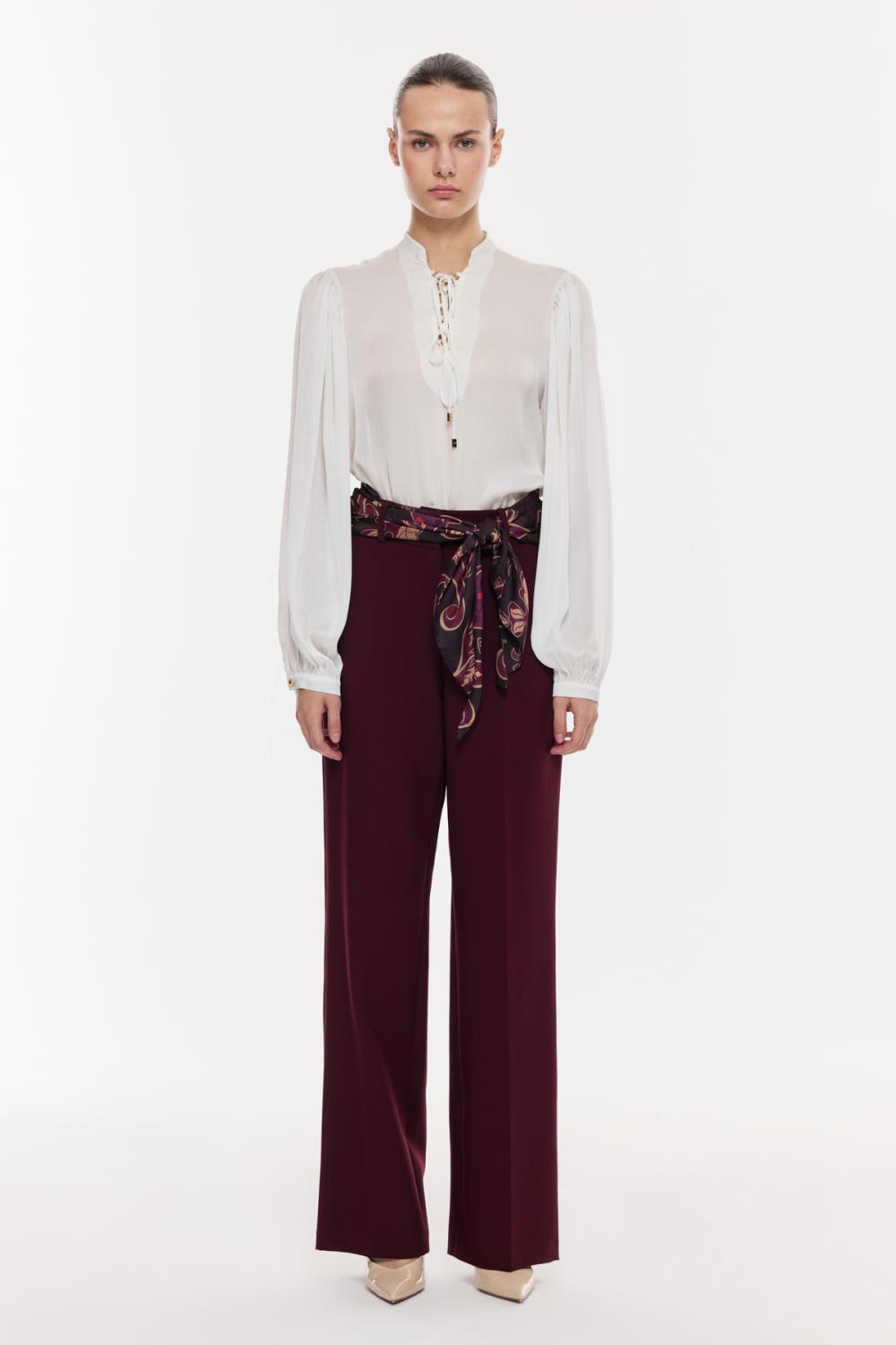 Kuşak Detaylı Dökümlü Pantolon BORDO