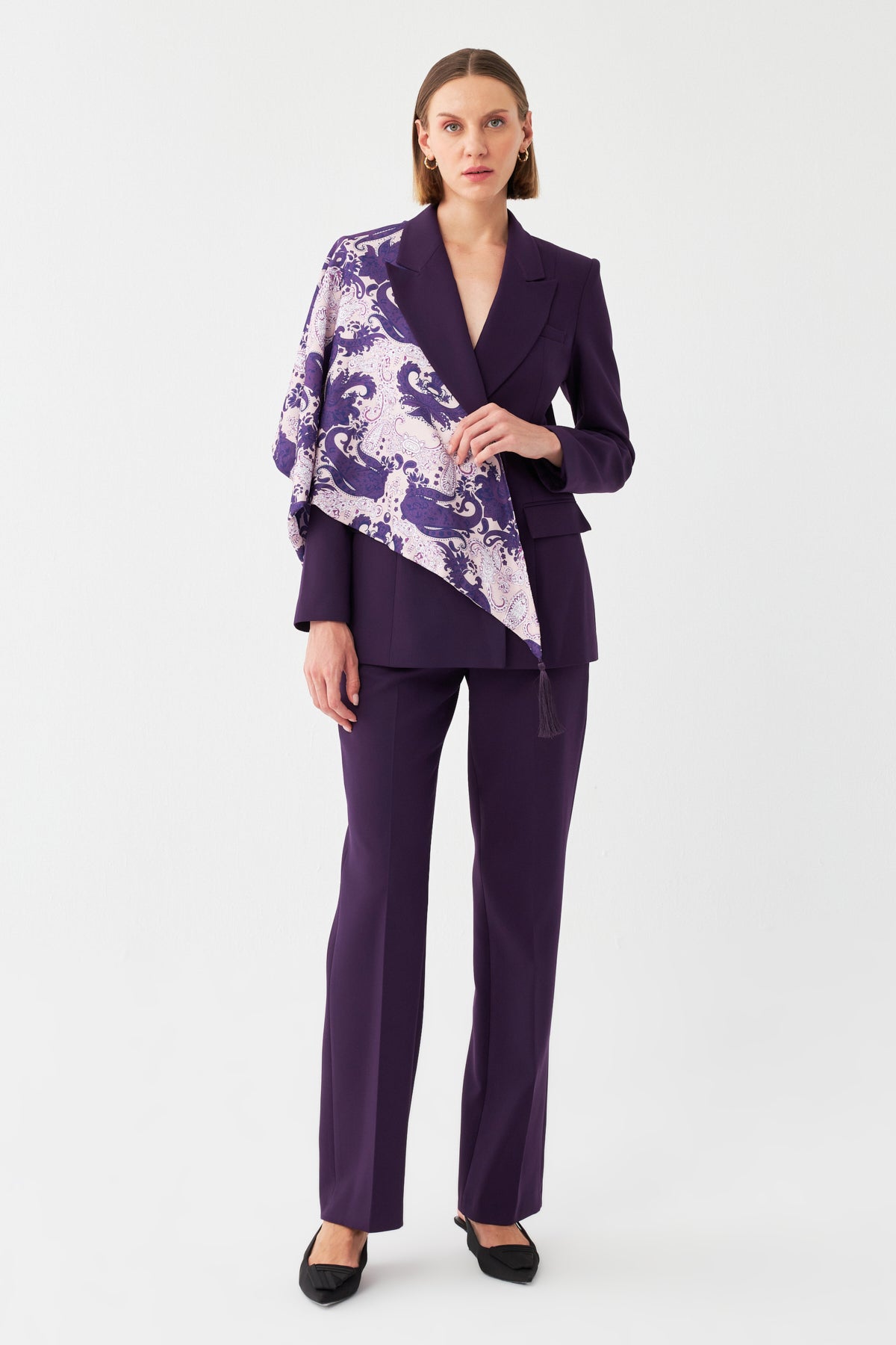 Desen Detaylı Mor Blazer Takım