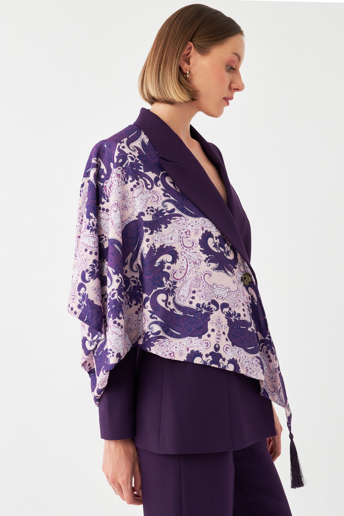 Desen Detaylı Mor Blazer Takım