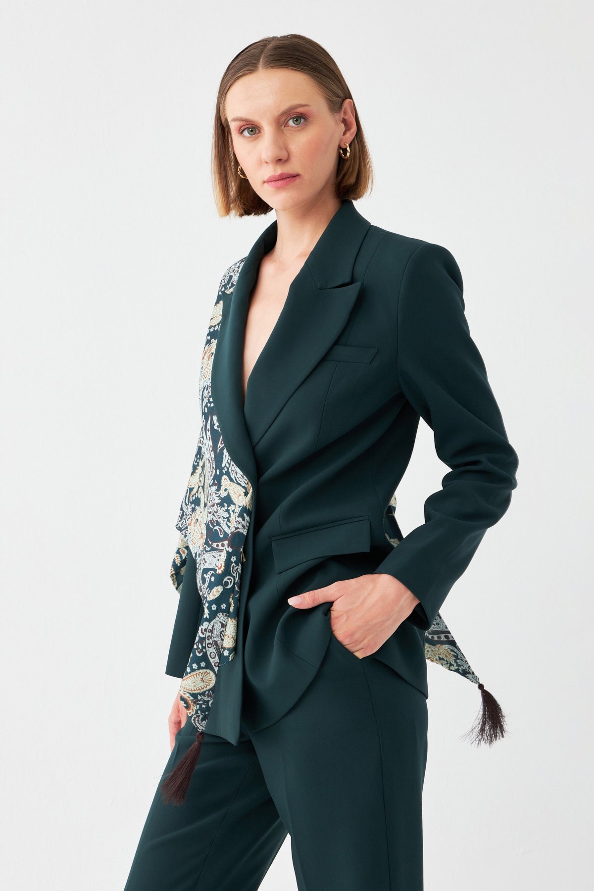 Desen Detaylı Yeşil Blazer Takım