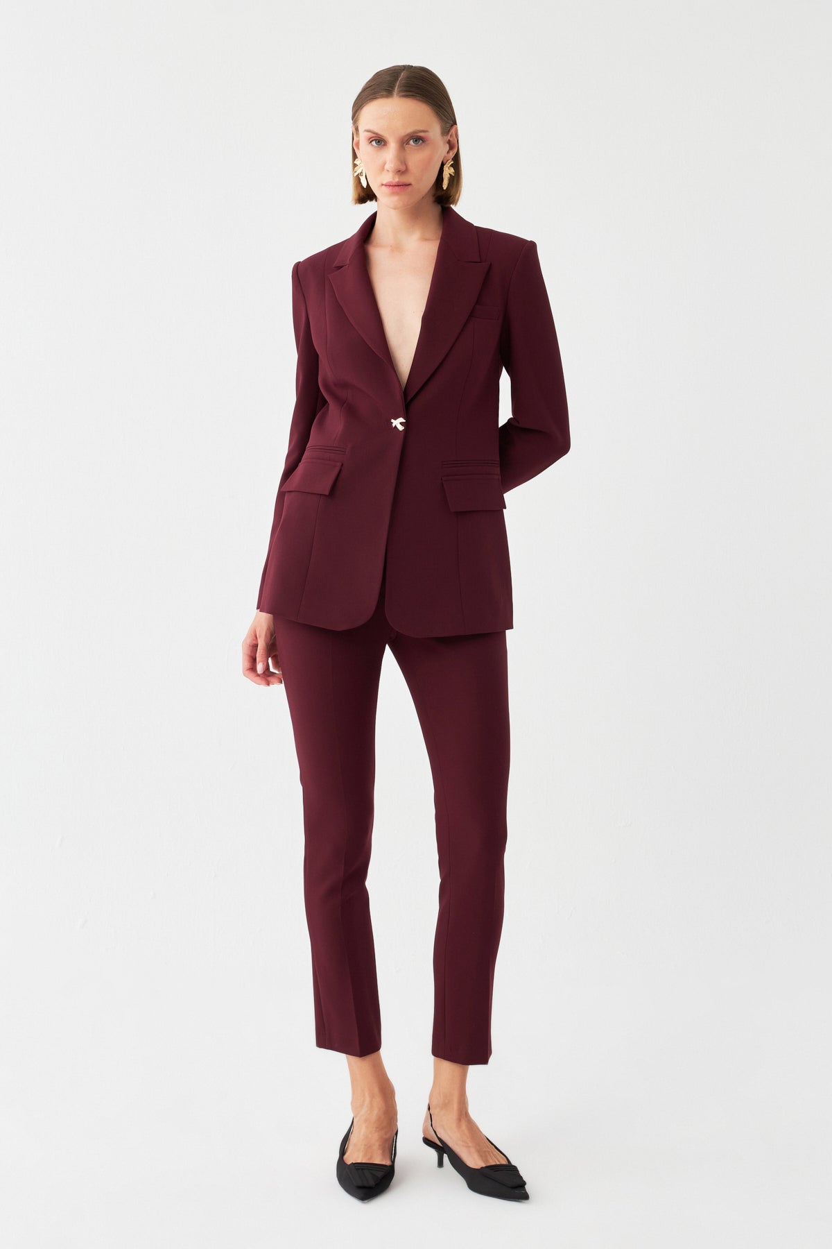 Özel Düğme Detaylı Bordo Blazer Takım