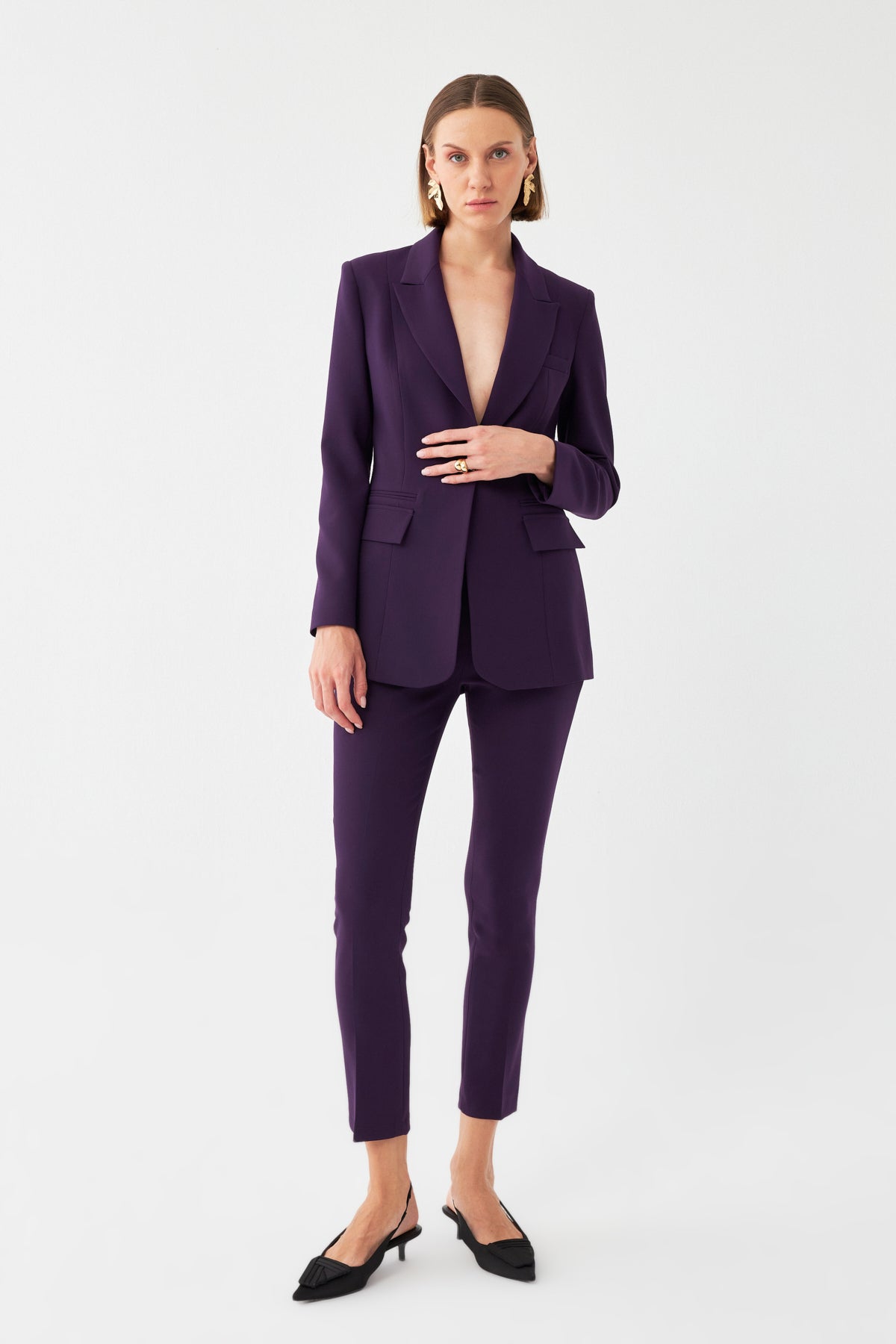 Özel Düğme Detaylı Mor Blazer Takım