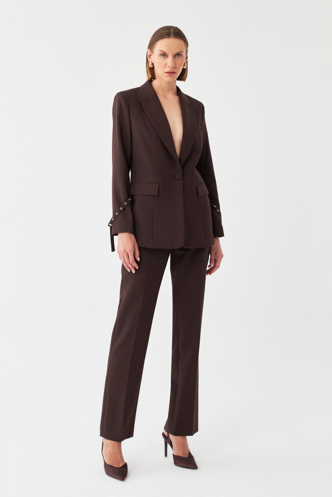 Tek Düğmeli Kahverengi Blazer Takım