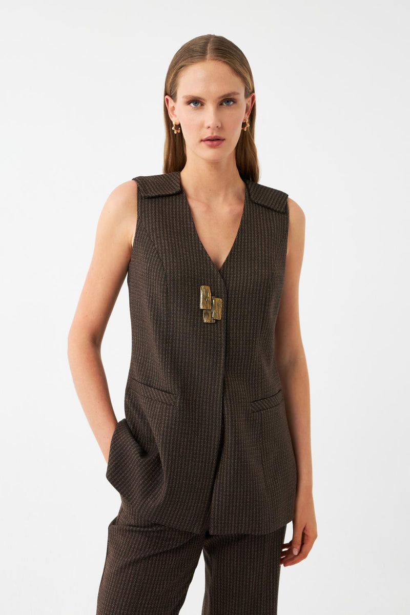 Kahverengi Desenli Kolsuz Ceketli Takım