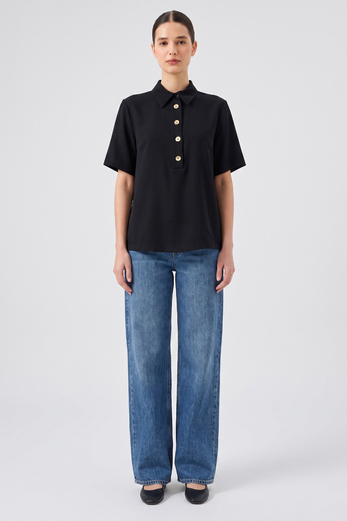 Oversize Gömlek Yaka Kısa Kollu Bluz Siyah