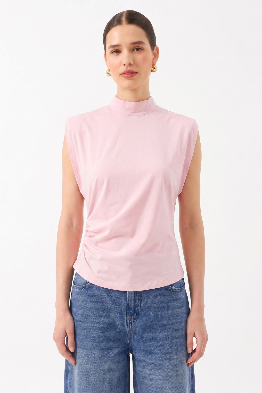 Dar Kesim Boğazlı Kısa Kollu Bluz PEMBE