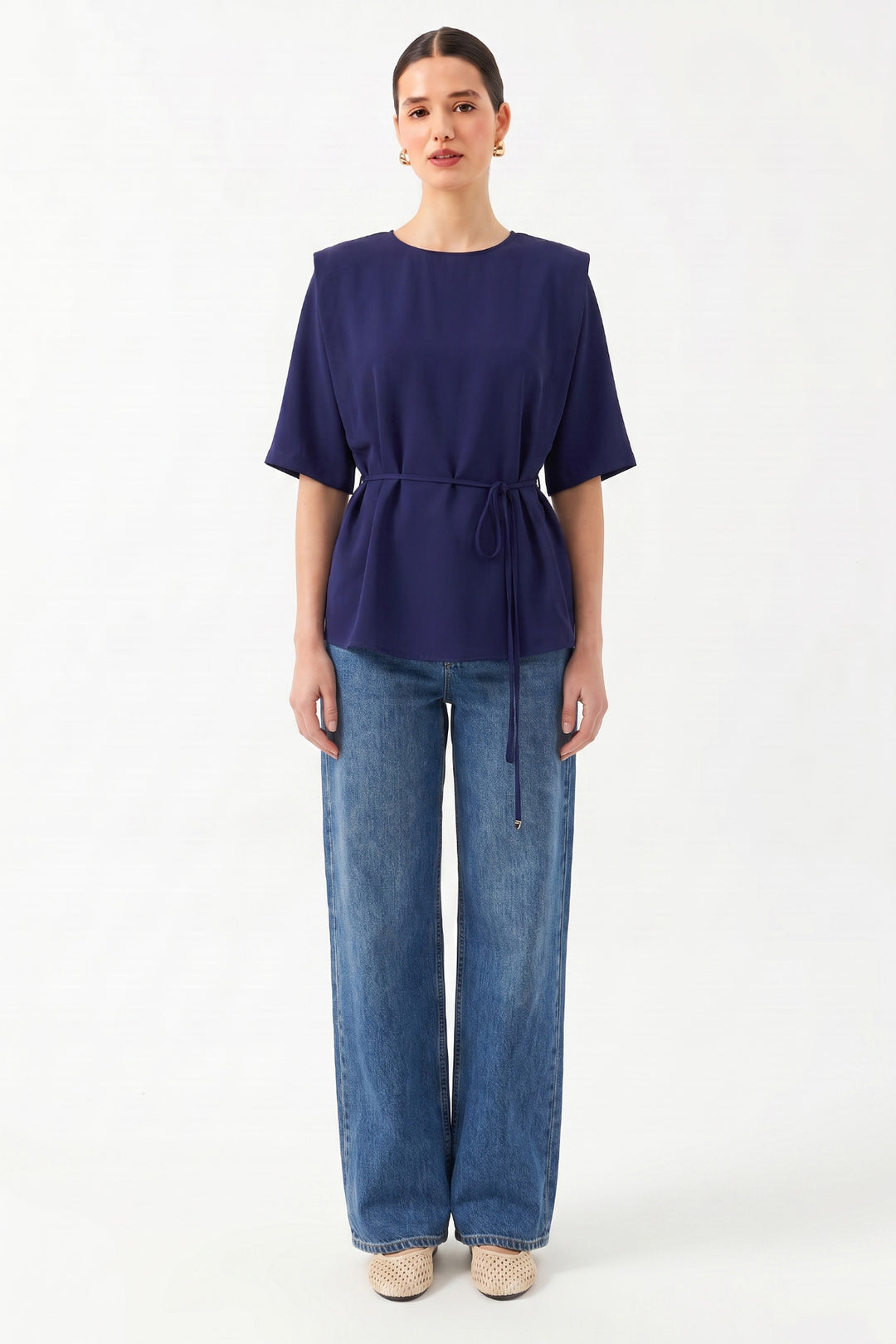 Oversize Yuvarlak Yaka Kısa Kollu Bluz LACİVERT
