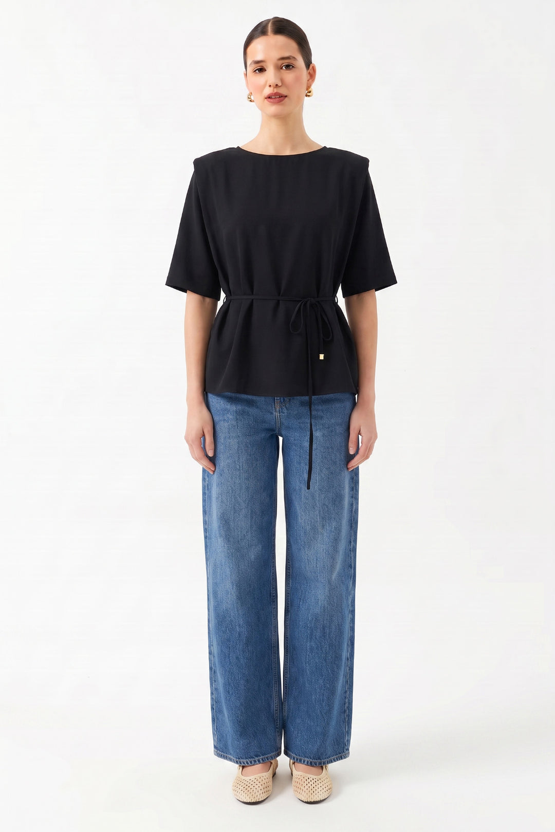 Oversize Yuvarlak Yaka Kısa Kollu Bluz SİYAH