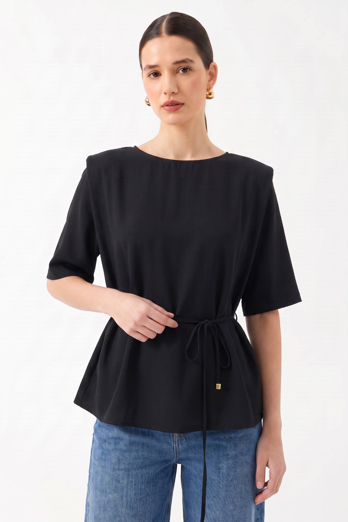 Oversize Yuvarlak Yaka Kısa Kollu Bluz Siyah